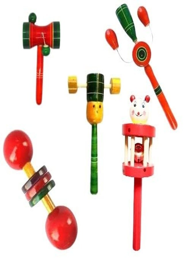 Little Mind Wooden Rattles Toys for Baby/New-Born Infant Kids - Set of 5 pcs - Multicolor - Discover Sounds, Develops Sensory Skills - Image 1